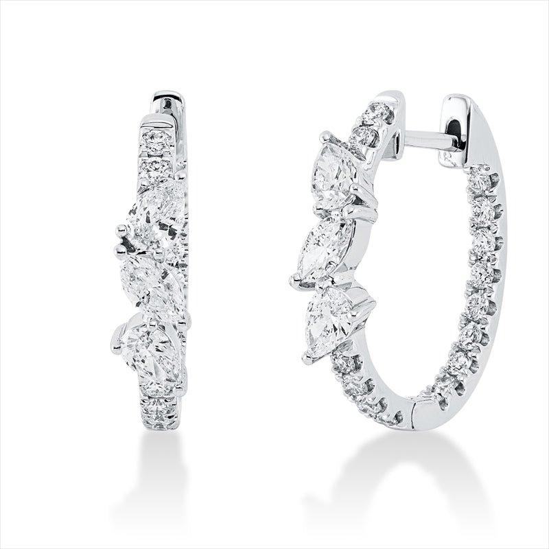 Creolen 18 kt WG, 2 Nav. 0,26 ct, TW-si, 4 Tropfen 0,60 ct, TW-si, 30 Brill. 0,56 ct, TW-si