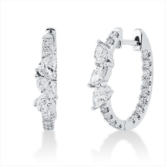 Creolen 18 kt WG, 2 Nav. 0,26 ct, TW-si, 4 Tropfen 0,60 ct, TW-si, 30 Brill. 0,56 ct, TW-si