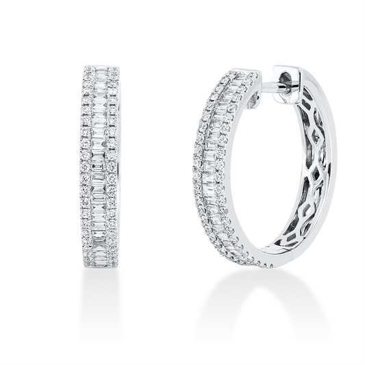 Creolen 18 kt WG, 60 Bag. 0,36 ct, TW-si, 92 Brill. 0,30 ct, TW-si