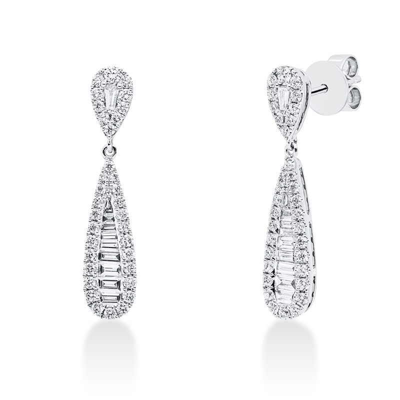 Ohrschmuck 18 kt WG, 16 Bag. 0,22 ct, TW-si, 4 Trap. 0,06 ct, TW-si, 68 Brill. 0,49 ct, TW-si