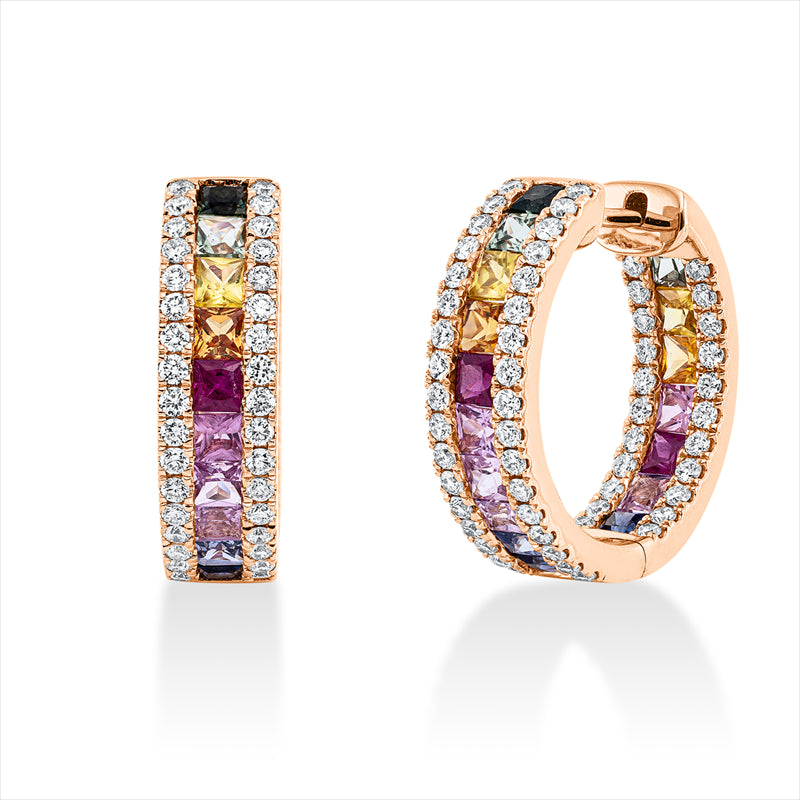 Creolen 18 kt RG, 112 Brill. 1,01 ct, TW-si, 34 Saphire 3,38 ct multicolor