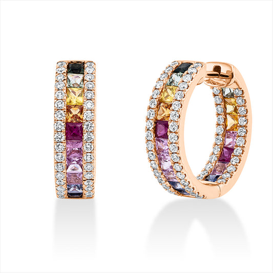 Creolen 18 kt RG, 112 Brill. 1,01 ct, TW-si, 34 Saphire 3,38 ct multicolor