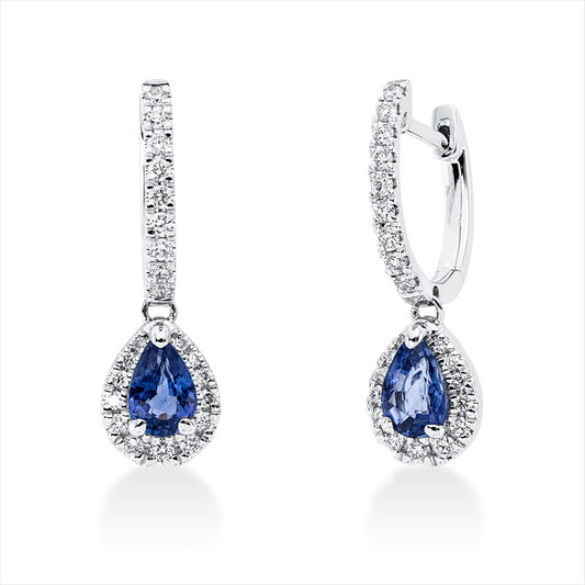 Ohrschmuck 18 kt WG, 44 Brill. 0,30 ct, TW-si, 2 Saphire 1,02 ct blau