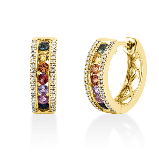 Creolen 18 kt GG, 84 Dia. 0,10 ct, TW-si, 14 Saphire 0,68 ct multicolor