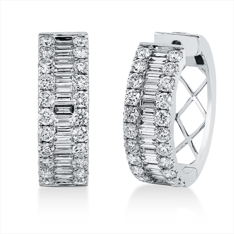 Creolen 18 kt WG, 37 Bag. 1,15 ct, TW-vsi/si, 44 Brill. 1,77 ct, TW-vsi/si