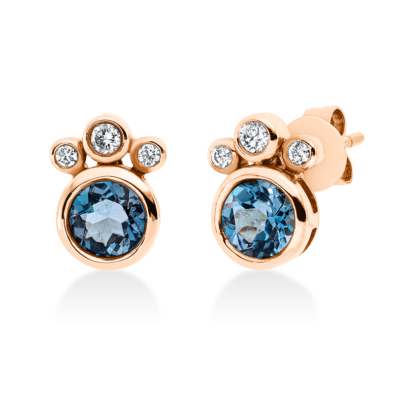 Ohrstecker 18 kt RG, 2 Brill. 0,05 ct, TW-pi, 4 Brill. 0,04 ct, TW-pi, 2 Topase 0,87 ct Lond. blue