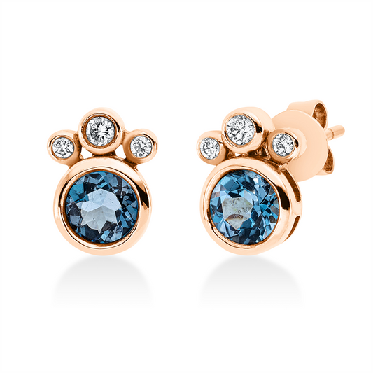 Ohrstecker 18 kt RG, 2 Brill. 0,05 ct, TW-pi, 4 Brill. 0,04 ct, TW-pi, 2 Topase 0,87 ct Lond. blue
