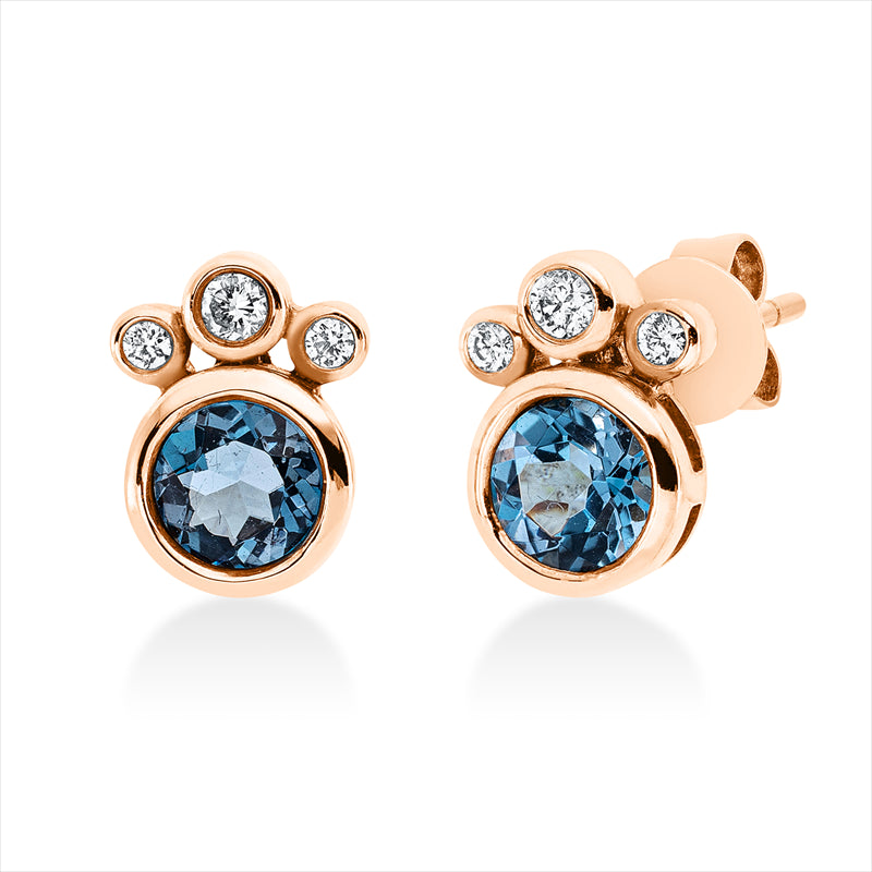 Ohrstecker 18 kt RG, 2 Brill. 0,05 ct, TW-pi, 4 Brill. 0,04 ct, TW-pi, 2 Topase 0,87 ct Lond. blue
