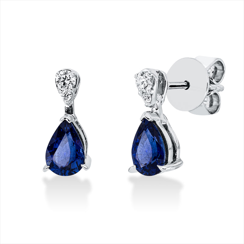 Ohrstecker 18 kt WG, 4 Brill. 0,08 ct, F-vsi, 2 Saphire 0,92 ct blau