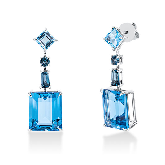 Ohrschmuck 18 kt WG, 2 Topase 1,90 ct blau, 2 Topase 16,50 ct blau, 4 Topase 0,90 ct Lond. blue