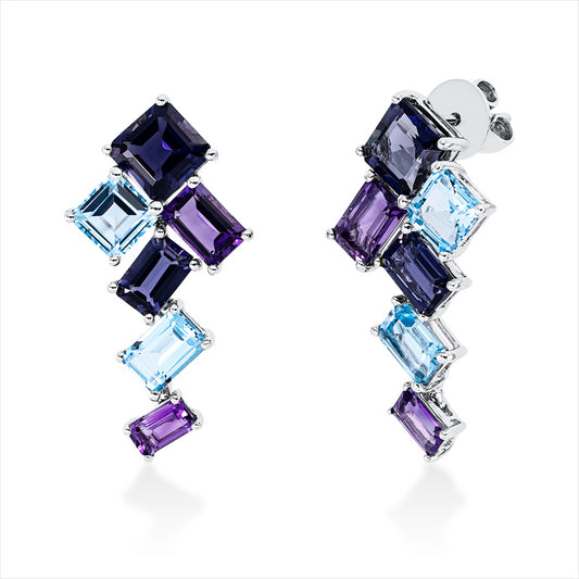 Ohrschmuck 18 kt WG, 4 Topase 3,00 ct blau, 4 Iolith 3,20 ct lila, 4 Amethyste 1,60 ct lila