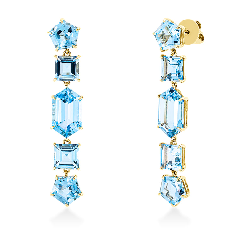 Ohrschmuck 18 kt GG, 4 Topase 5,60 ct blau, 2 Topase 6,60 ct blau, 4 Topase 6,40 ct blau