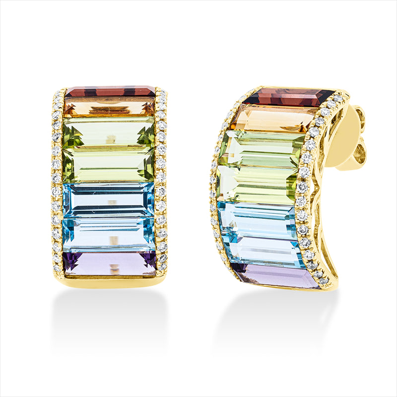 Ohrstecker 18 kt GG, 68 Brill. 0,29 ct, TW-si, 14 Farbsteine 8,00 ct multicolor