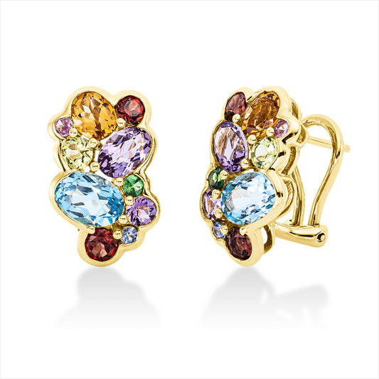 Ohrschmuck 18 kt GG, 2 Amethyste 0,80 ct lila, 2 Topase 2,00 ct blau, 16 Farbsteine 2,40 ct multicolor