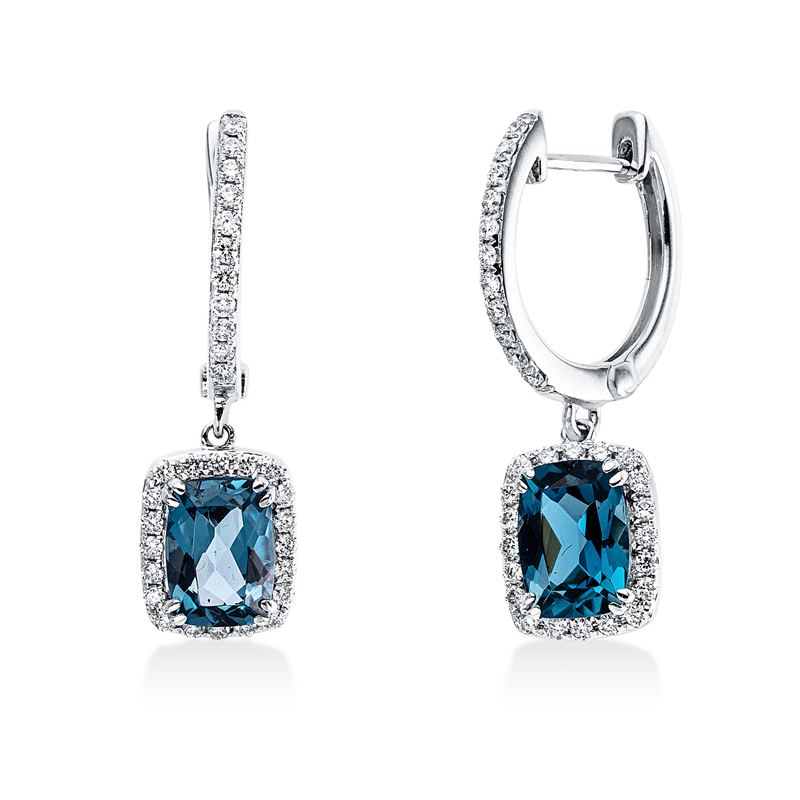 Ohrschmuck 14 kt WG, 62 Brill. 0,39 ct, TW-si, 2 Topase 3,22 ct Lond. blue