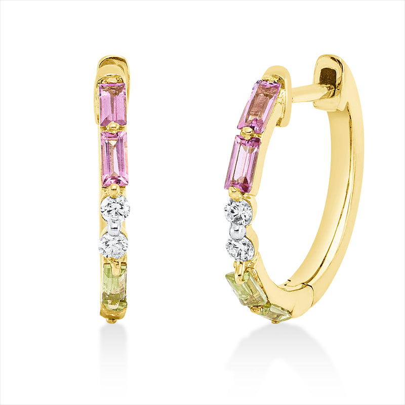 Creolen 18 kt GG, Fassung rhodiniert, 4 Brill. 0,08 ct, TW-si, 4 Turmalin 0,23 ct pink, 4 Peridot 0,23 ct grün