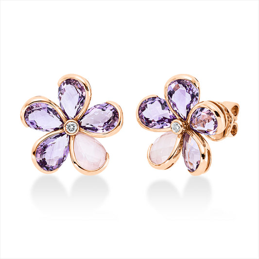 Ohrstecker 18 kt RG, 2 Brill. 0,06 ct, TW-si, 8 Amethyste 5,30 ct lila, 2 Quarz 1,30 ct rosa