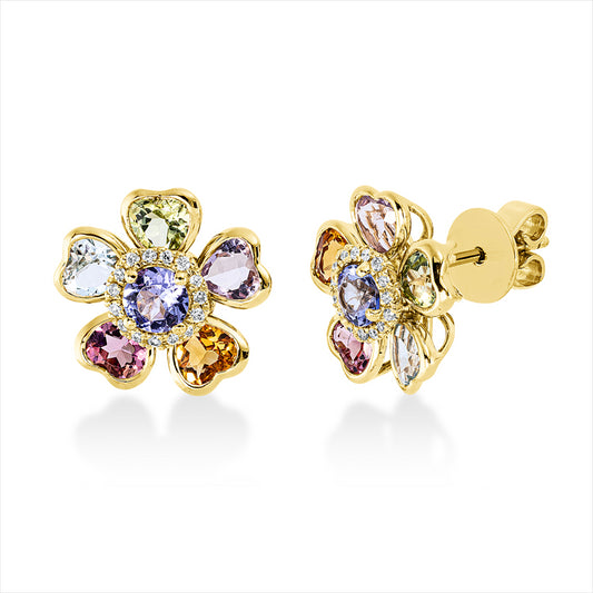 Ohrstecker 18 kt GG, 30 Brill. 0,11 ct, TW-si, 10 Farbsteine 2,90 ct multicolor, 2 Tansanit 0,60 ct blau