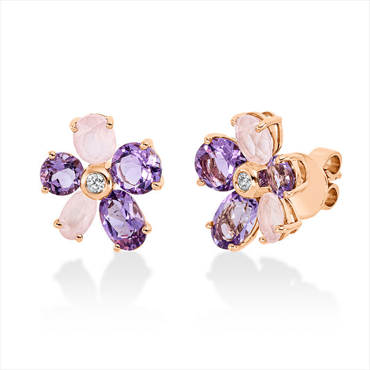 Ohrstecker 18 kt RG, 2 Brill. 0,05 ct, TW-si, 6 Amethyste 2,10 ct lila, 4 Quarz 1,10 ct rosa