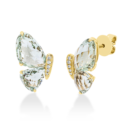 Ohrstecker 18 kt GG, 10 Brill. 0,06 ct, TW-si, 2 Amethyste 5,40 ct grün, 2 Amethyste 2,50 ct grün