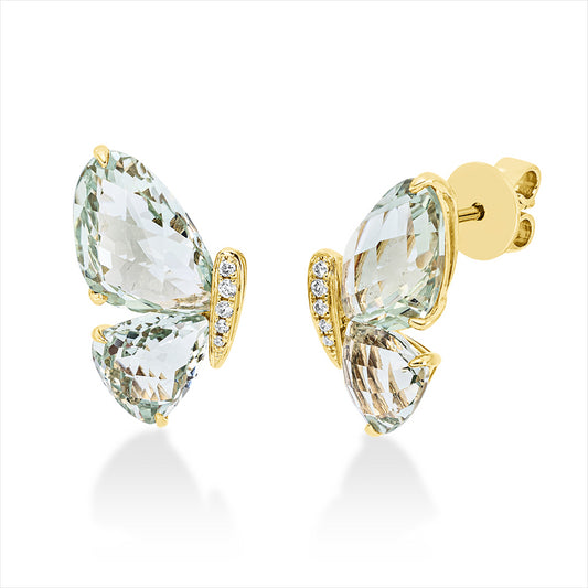 Ohrstecker 18 kt GG, 10 Brill. 0,06 ct, TW-si, 2 Amethyste 5,40 ct grün, 2 Amethyste 2,50 ct grün