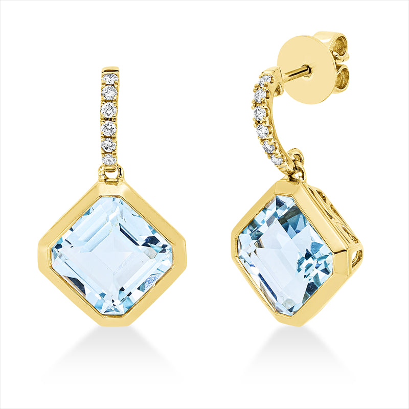 Ohrschmuck 18 kt GG, 12 Brill. 0,15 ct, TW-si, 2 Topase 9,00 ct sky blue