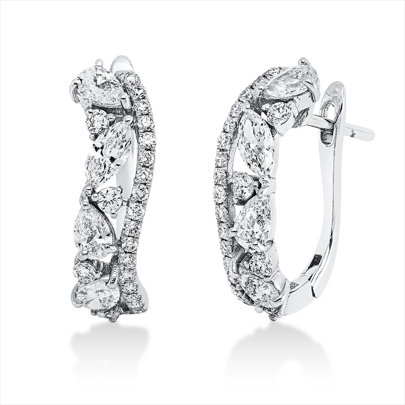 Creolen 18 kt WG, 2 Nav. 0,21 ct, TW-vsi, 6 Tropfen 0,52 ct, TW-vsi, 42 Brill. 0,28 ct, TW-si