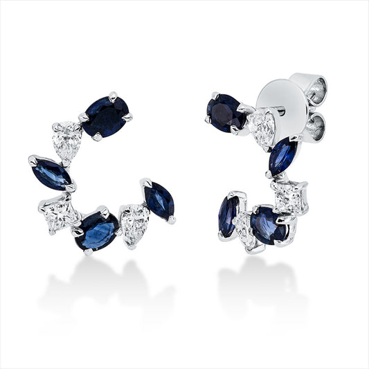 Ohrstecker 18 kt WG, 4 Tropfen 0,34 ct, TW-si, 2 Princ. 0,18 ct, TW-si, 8 Saphire 1,05 ct blau