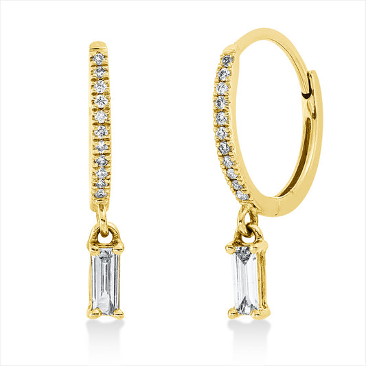 Creolen 18 kt GG, 2 Bag. 0,11 ct, TTLB-si, 22 Brill. 0,06 ct, TTLB-si