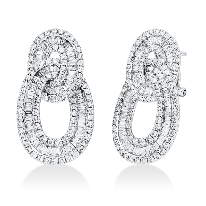 Ohrschmuck 18 kt WG, 124 Trap. 1,41 ct, TW-si, 180 Brill. 1,29 ct, TW-si