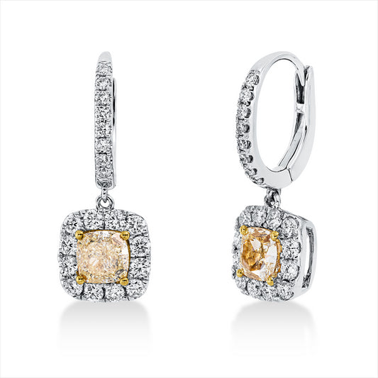 Ohrschmuck 18 kt WG+GG, 40 Brill. 0,74 ct, TW-si, 2 Cushion 1,45 ct, gelb