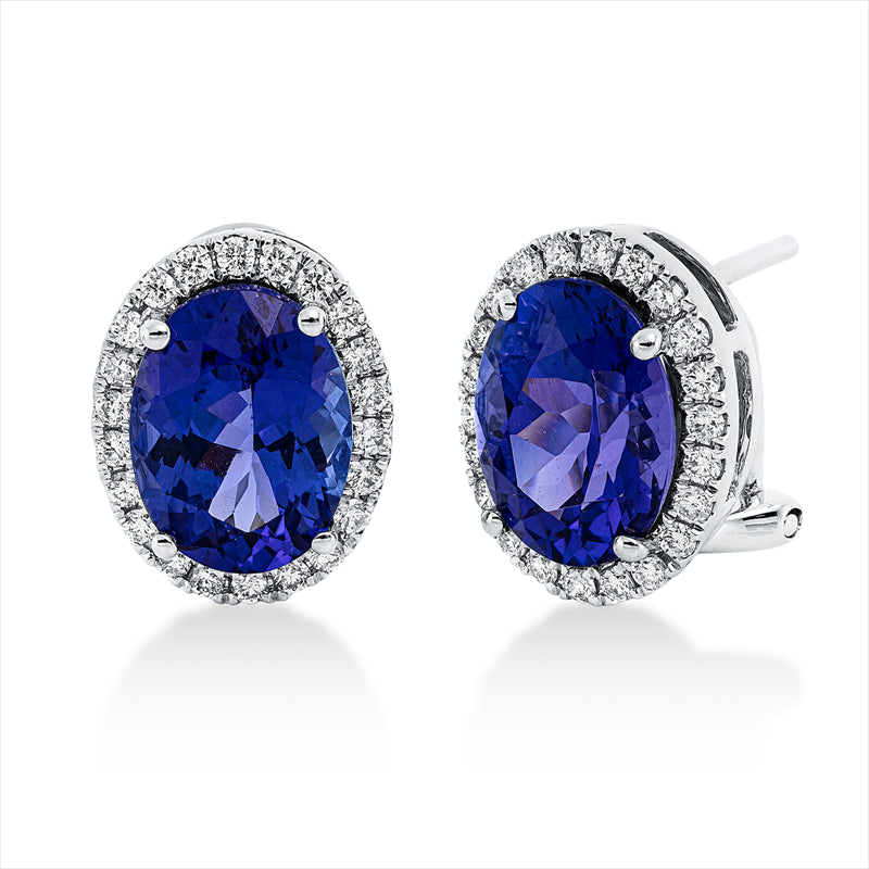 Creolen 18 kt WG, 44 Brill. 0,46 ct, TW-si, 2 Tansanit 6,36 ct blau