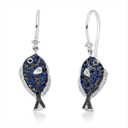 Ohrschmuck 18 kt WG, 6 Brill. 0,05 ct, TW-vsi, 35 Brill. 0,15 ct, schwarz, 42 Saphire 0,28 ct blau