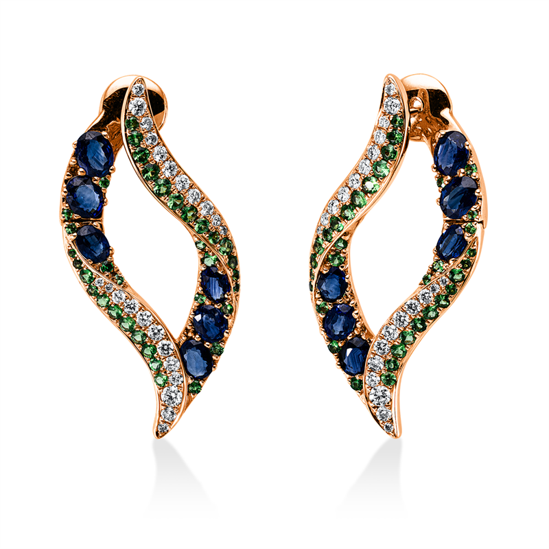 Ohrschmuck 18 kt RG, 46 Brill. 0,68 ct, TW-vsi/si, 12 Saphire 2,71 ct blau, 74 Tsavorith 1,09 ct grün