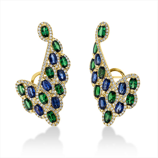 Creolen 18 kt GG, 300 Brill. 1,57 ct, TW-vsi/si, 18 Tsavorith 4,15 ct grün, 12 Saphire 3,51 ct blau