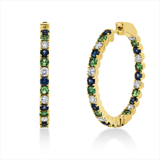 Ohrstecker 18 kt GG, 8 Brill. 0,31 ct, TW-vsi/si, 72 Saphire 3,59 ct multicolor