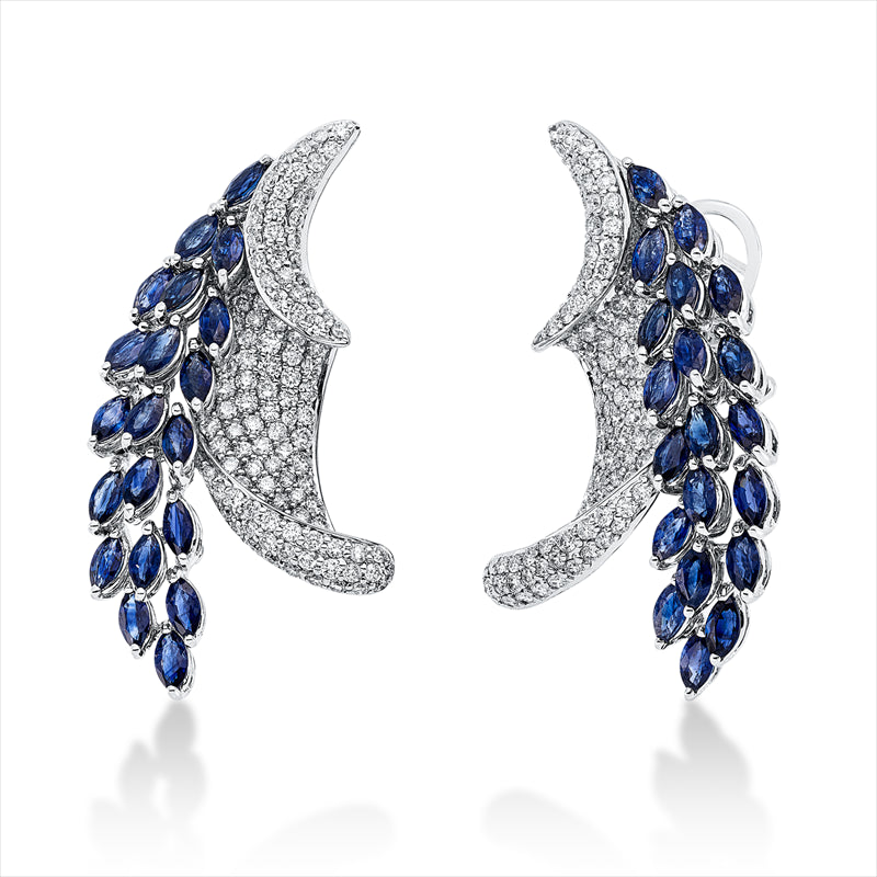 Creolen 18 kt WG, 260 Brill. 4,31 ct, TW-vsi/si, 40 Saphire 7,52 ct blau