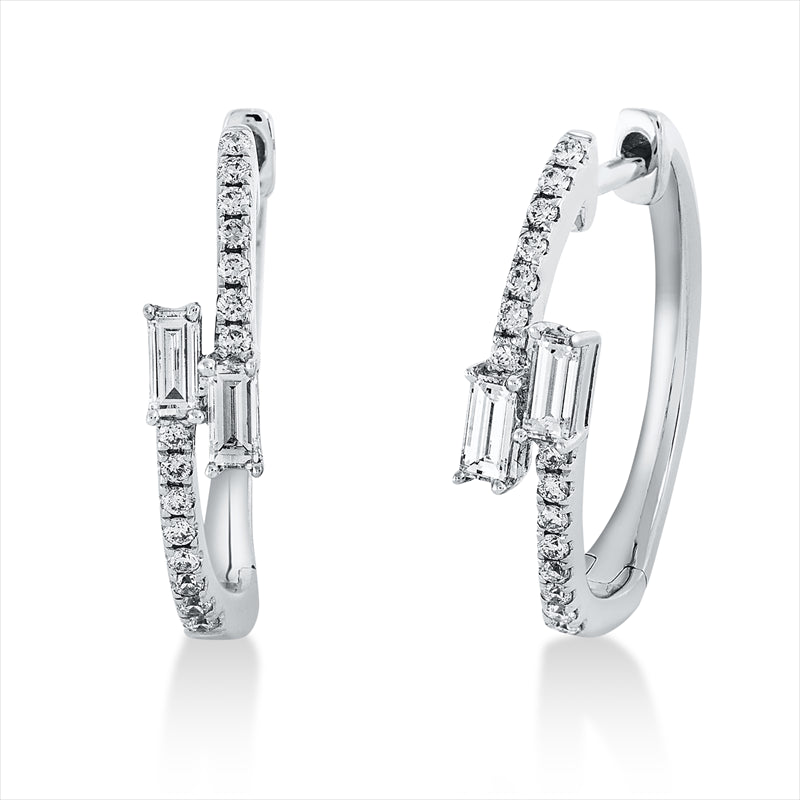 Creolen 18 kt WG, 4 Bag. 0,27 ct, TW-si, 30 Brill. 0,16 ct, TW-si