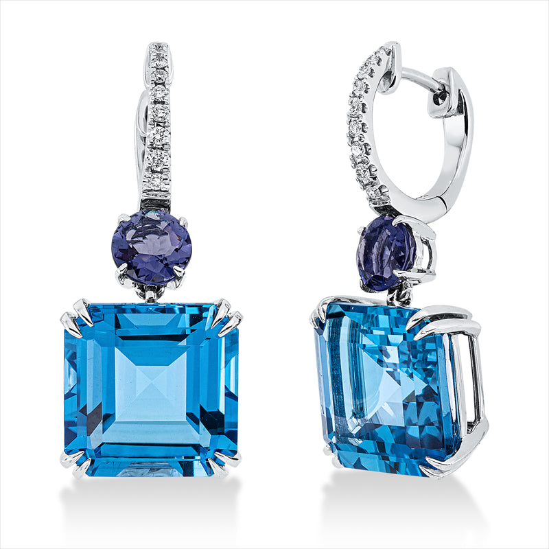 Ohrschmuck 18 kt WG, 18 Brill. 0,15 ct, TW-si, 2 Topase 21,30 ct blau, 2 Iolith 1,00 ct blau