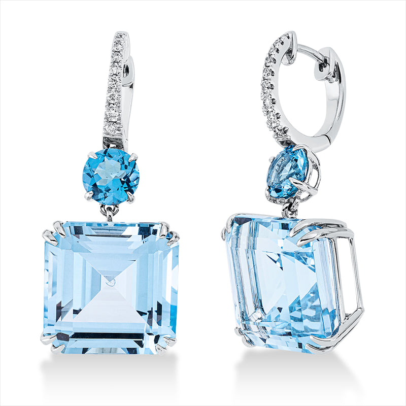 Ohrschmuck 18 kt WG, 18 Brill. 0,15 ct, TW-si, 2 Topase 35,10 ct sky blue, 2 Topase 2,10 ct sky blue