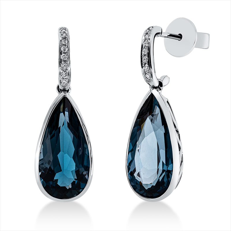 Ohrschmuck 18 kt WG, 18 Brill. 0,09 ct, TW-si, 2 Topase 10,50 ct Lond. blue