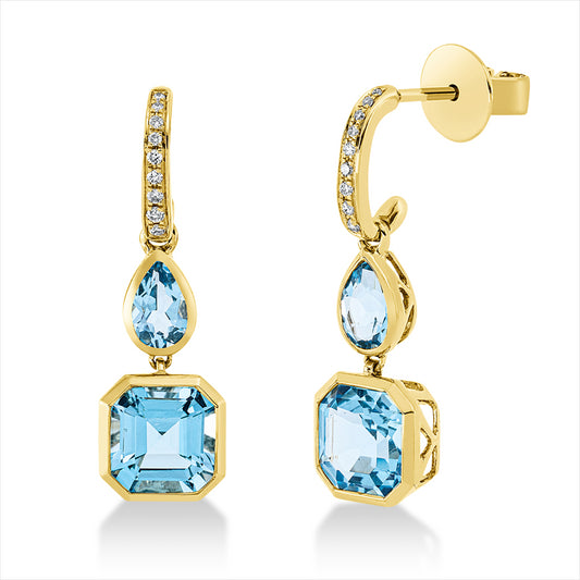 Ohrschmuck 18 kt GG, 18 Brill. 0,09 ct, TW-si, 2 Topase 3,80 ct blau, 2 Topase 0,90 ct blau