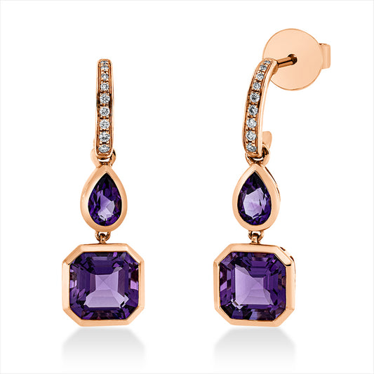 Ohrschmuck 18 kt RG, 18 Brill. 0,09 ct, TW-si, 2 Amethyste 3,20 ct lila, 2 Amethyste 0,70 ct lila