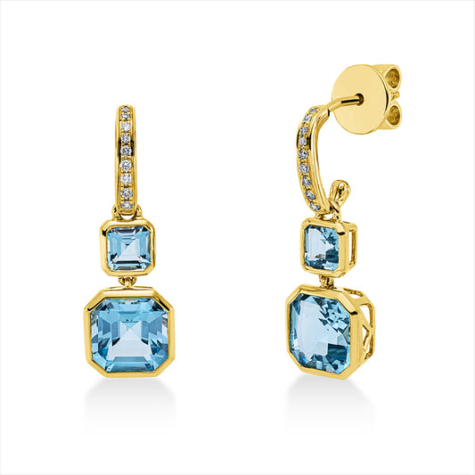 Ohrschmuck 18 kt GG, 18 Brill. 0,19 ct, TW-si, 2 Topase 4,00 ct blau, 2 Topase 0,90 ct blau