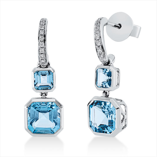 Ohrschmuck 18 kt WG, 18 Brill. 0,09 ct, TW-si, 2 Topase 3,50 ct blau, 2 Topase 0,90 ct blau