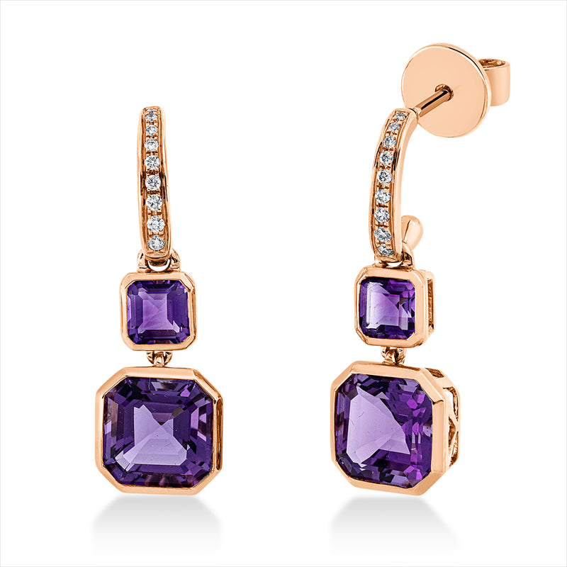 Ohrschmuck 18 kt RG, 18 Brill. 0,09 ct, TW-si, 2 Amethyste 3,10 ct lila, 2 Amethyste 0,70 ct lila