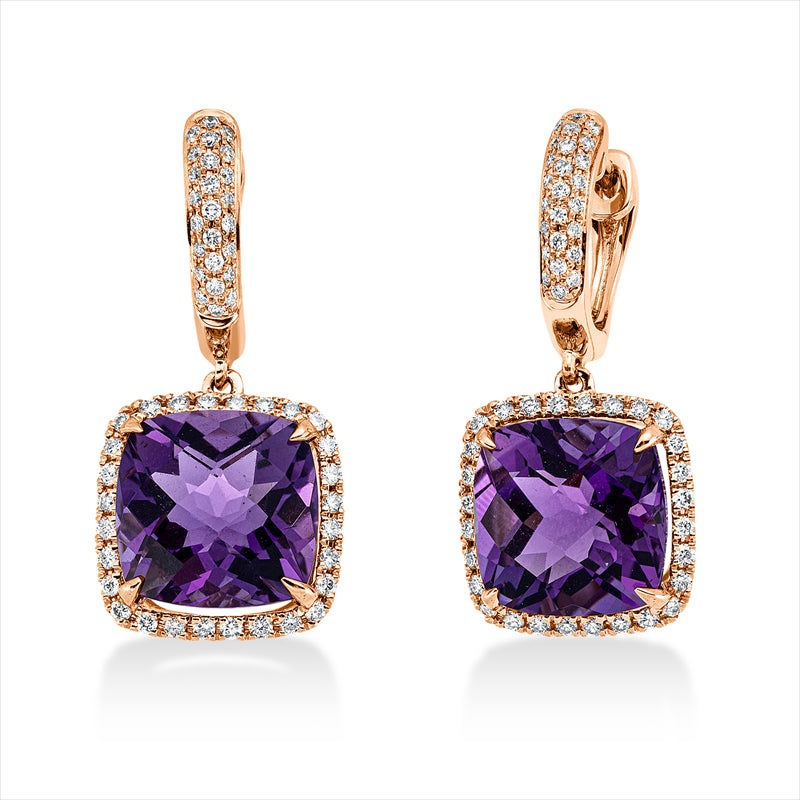 Ohrschmuck 18 kt RG, 106 Brill. 0,49 ct, TW-si, 2 Amethyste 6,80 ct lila