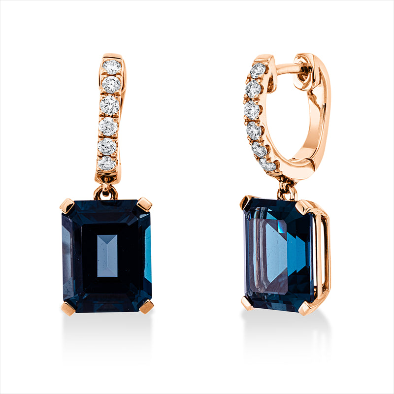 Ohrschmuck 18 kt RG, 12 Brill. 0,24 ct, TW-si, 2 Topase 8,50 ct Lond. blue
