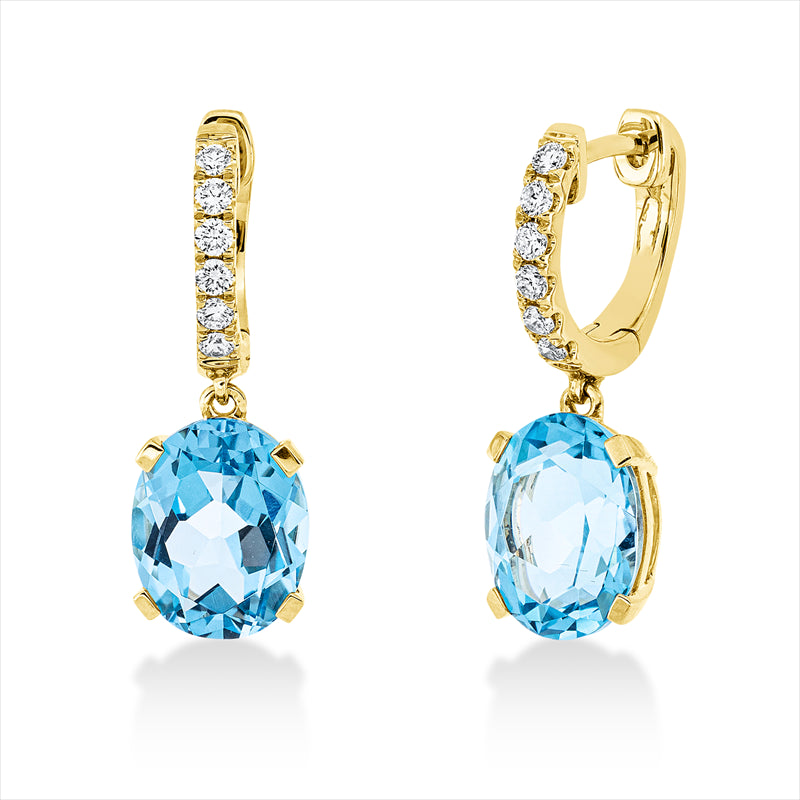 Ohrschmuck 18 kt GG, 12 Brill. 0,24 ct, TW-si, 2 Topase 6,80 ct blau