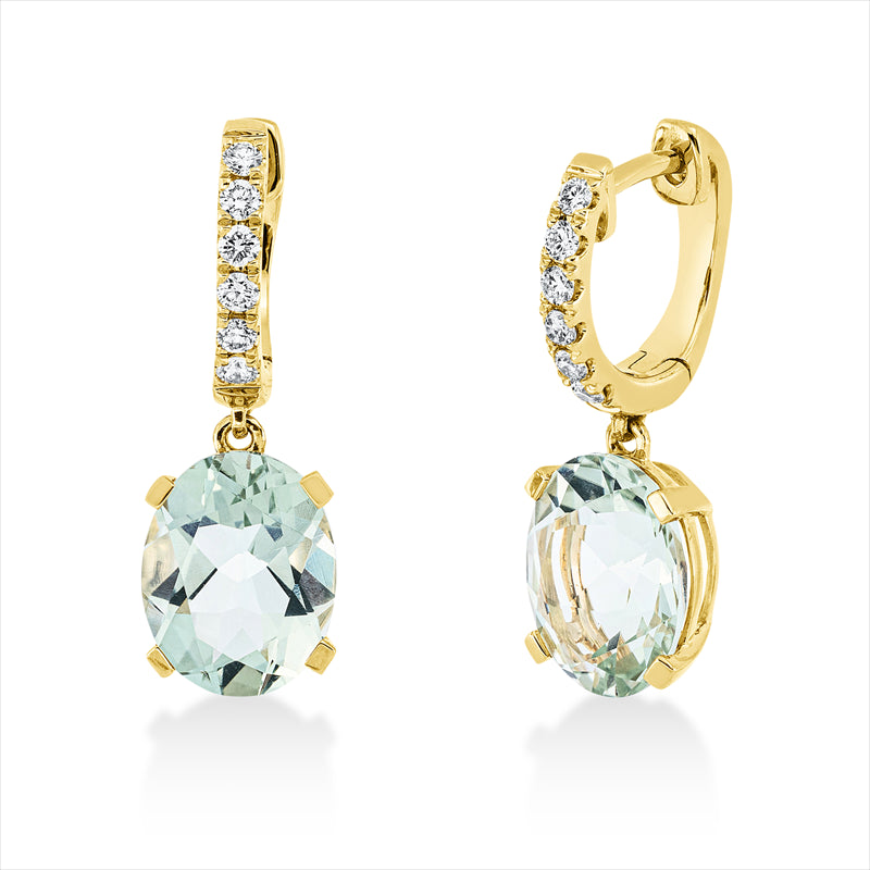 Ohrschmuck 18 kt GG, 12 Brill. 0,24 ct, TW-si, 2 Amethyste 5,10 ct grün